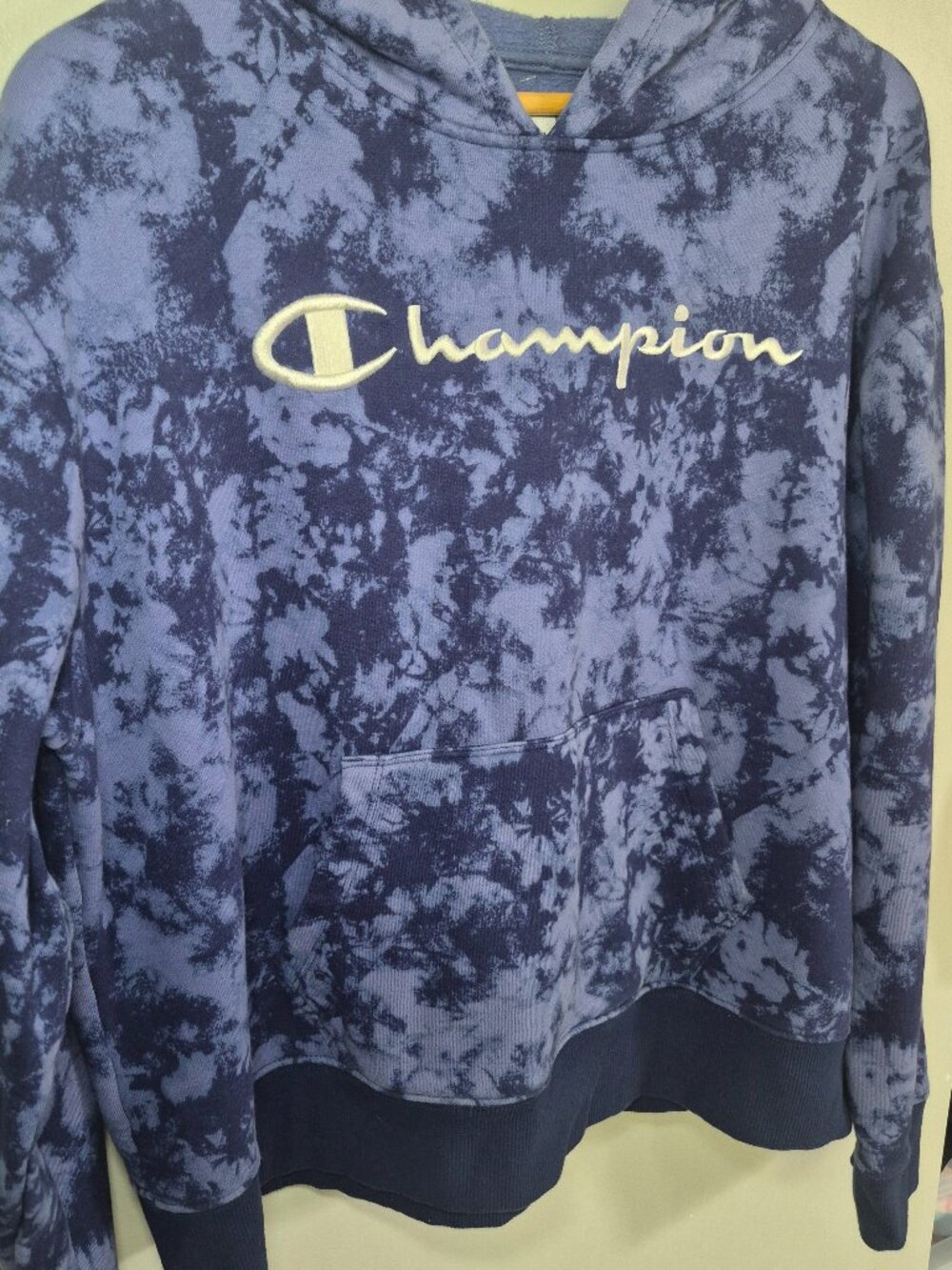 Champion XL Blue Tie Dye Hoodie Pullover Spellout Logo Kangaroo Pocket